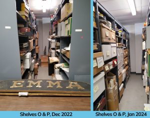 Before and after of shelves O and P at the Museum Support Center.